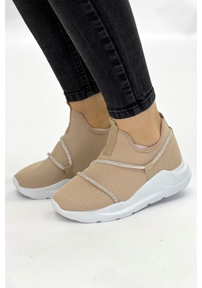 Z6357 Taşlı Fileli Hafif Bej Kadın Sneaker 001
