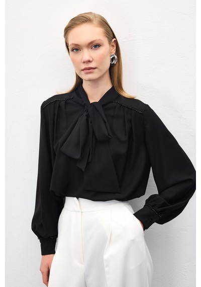 Sateen Aksesuar Detaylı Fularlı Bluz - Siyah-137039 Siyah