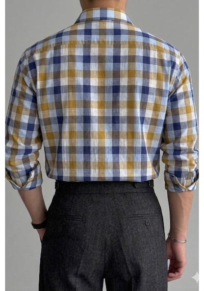 Erkek Ekose Gömlek Slim Fit Pamuklu Uzun Kollu Günlük Şık Gömlek Mavi