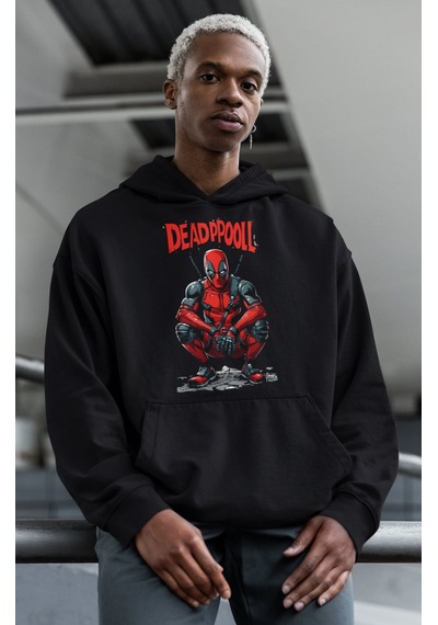 Sevbano Deadpool Kahraman Baskılı Unisex Oversize Film Kahramanı Hoodie Siyah