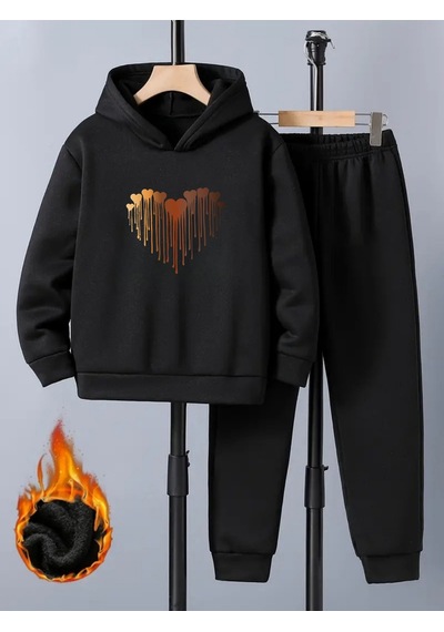 Uyguntarz Eriyen Kalpler Baskılı Oversize Çocuk Sweatshirt Eşofman Takım Siyah