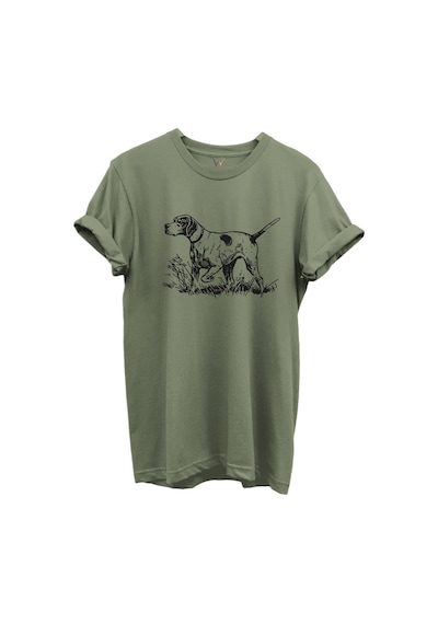 Siyah Çizgisel Pointer Av Köpeği Tasarımlı %100 Pamuk Regular Fit Unisex T-shirt Haki
