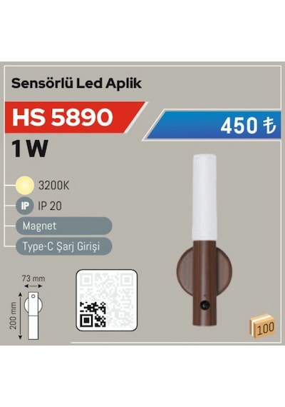 1w Magnetli Sensörlü Led Aplik Hs-5890 Kablosuz Duvar Lambası Gün Işığı Çok Renkli