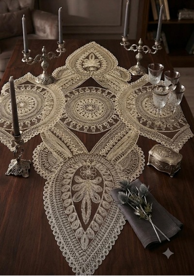 3 Lü Set Hafif Gold Renkli Dantel Detaylı Runner