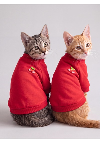 Kiki Kiraz Detaylı Kırmızı Kedi Polar Sweatshirt