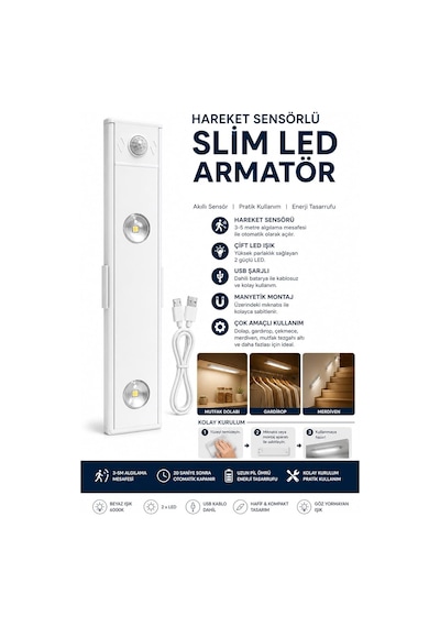 Neo Vista Hareket Sensörlü Slim Led Kabin Armatürü Dekoratif Dim Edilebilir Usb Şarjlı Aydınlatma Beyaz, 20 Cm Diğer