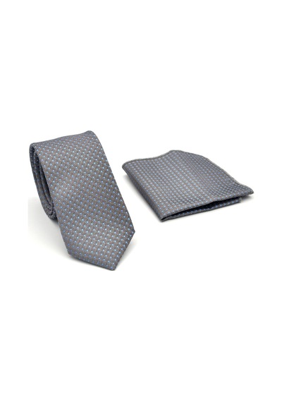 Gaffy Mavi Nokta Desenli Gri Dokuma Kumaş Mendilli Slim Fit Kravat // Sdk-2510-4 Gri
