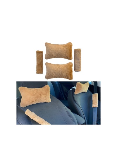 Peluş Ortopedik Araba Seyahat Boyun Yastığı Emniyet Kemer Pedi Seti Kahverengi