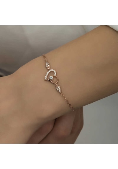 925 Ayar Gümüş Rose Kalpli Tektaş Kadın Bileklik Beyaz