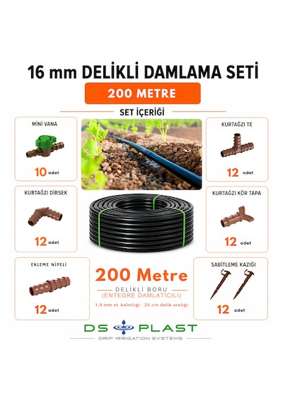 200 Metre 16 Mm Kendinden Delikli Damla Sulama Seti 25 Cm Aralık - 8 Lt/h - 1,0 Mm Et Kalınlığı