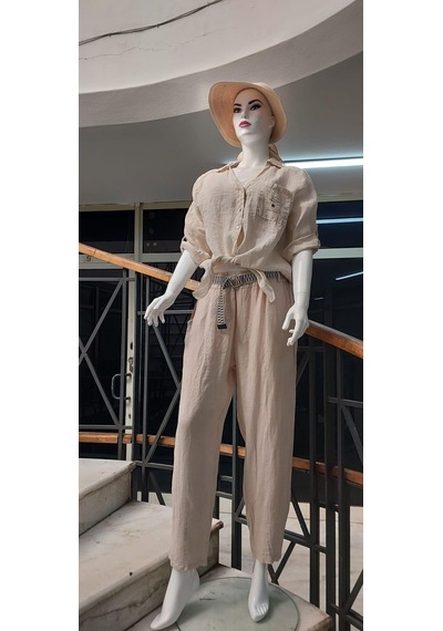 Eren Style İtalyan Kemerli Keten Pantolon-9260 Krem