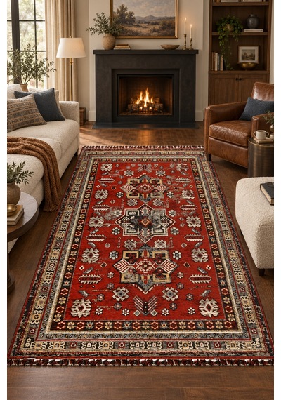 Narvi Nostaljik Kilim Kırmızı Robot Süpürge Uyumlu Oturma Odası Salon Kolay Temizlenebilir Saçaklı Dekoratif Halı