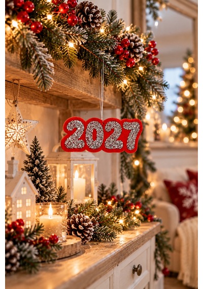 12'li Taşlı Keçe Yılbaşı Ağacı Süs Seti 2027 Yeni Yıl Dekoru Kırmızı