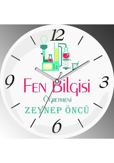 Kişiye Özel Fen Bilgisi Öğretmeni Çap 30cm Sessiz Akar Bombeli Gerçek Cam Duvar Saati Çok Renkli