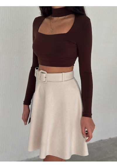Ozy Fashion Kadın Krem Rengi Midi Boy Kemerli Süet Kloş Etek Krem