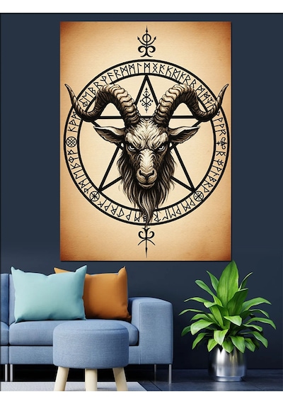 Baphomet Keçi Kafası Pentagram Dekoratif Kanvas - Mdf Ahşap Tablo