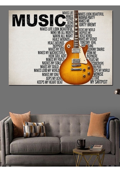 Müzik Yazılarıyla Çevrili Gitar Çizimi Dekoratif Kanvas - Mdf Ahşap Tablo