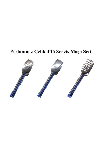 3'lü Servis Sunum Maşa Seti Makarna, Pasta, Salata, Kek Paslanmaz Çelik Metalik