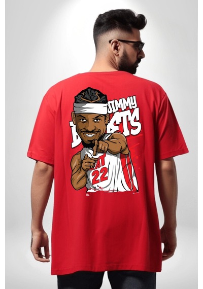 Jimmy Butler Basketbol Kırmızı Oversize Unisex Ön Ve Sırt Baskılı Tişört Kırmızı