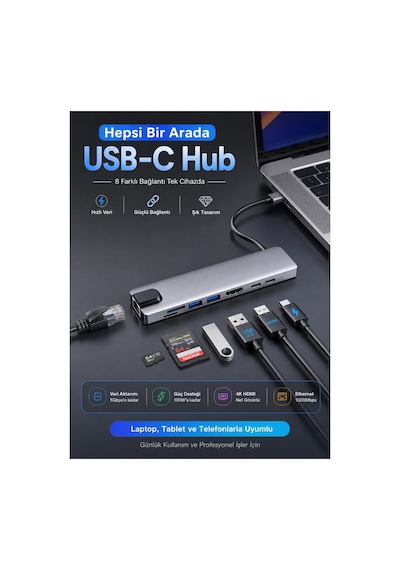 Type-c Hub 8'i 1 Arada Çok Fonksiyonlu Çoklayıcı Ultra Hızlı Rj45 Ethernet, 4k Hdmı Ekran Paylaşımı, 2 Adet Usb 3.0 Girişi Mikro Sd Kart Okuyucu Ve Güvenli Pd Hızlı Şarj Desteği Sunan Şık Hub
