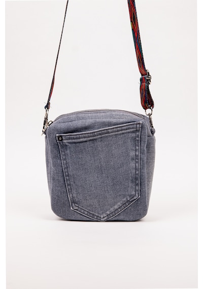 Fabric Craft Bag Kadın Çapraz Çanta Denim Kot Cepli Desenli Askılı Özel Seri 21x21 Cm Gri