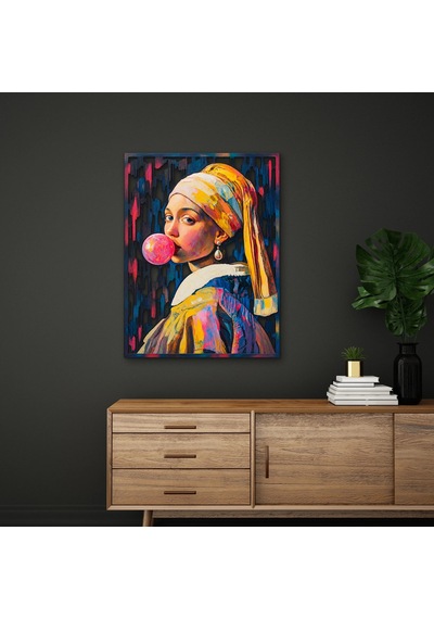Balon Sakızlı İnci Küpeli Kız - Metal Tablo - Dec0391 38 X 50 Cm Çok Renkli