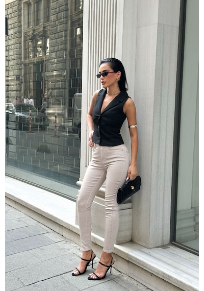 HLT Jeans Kadın Krem Süper Skinny Fit Esnek Likralı Yüksek Bel Denim Jean Kot Pantolon Jennie-2003 Krem