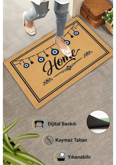 Valerine Life Welcome Nazar Boncuğu Siyah Çerçeve Ev Ofis İşyeri Dış Kapı Önü Paspası 45x70cm Kahverengi