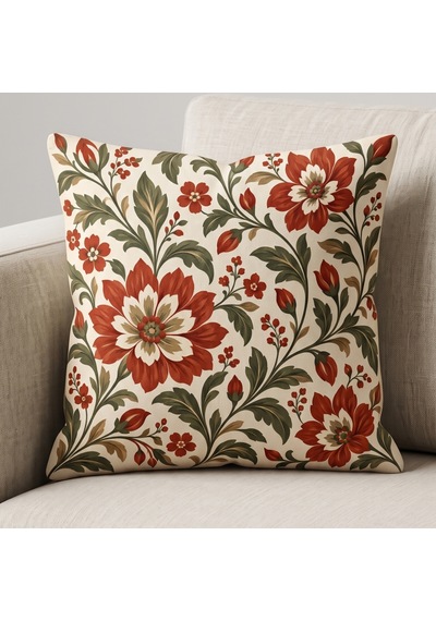 4'lü Kiremit Krem Vintage Çiçek Ve Etnik Desenli Dekoratif Kırlent Kılıfı Seti - Çift Taraflı 43x43 Cm Kiremit Kırmızısı