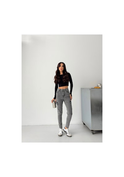 Kene Jeans Kadın Kar Siyah Kargo Cep Dar Paça Siyah