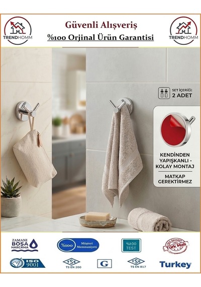Trendhomm İkili Pvc Mutfak Banyo Havlu Askılığı - Yapışkanlı - 2 Adet Krom