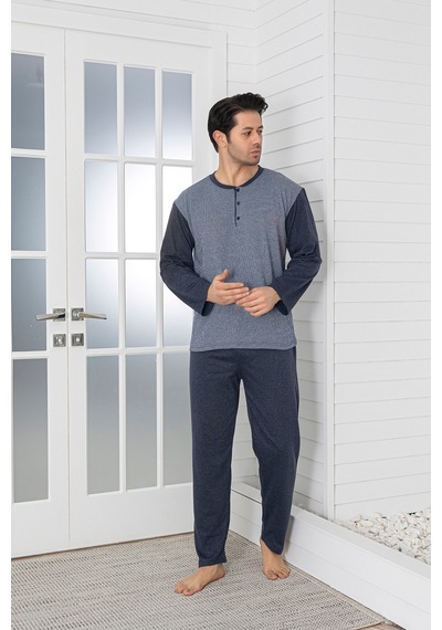 Sude Homewear Erkek Füme Renk Jakarlı Uzun Kol Pijama Takımı Gri