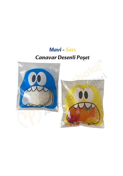 30 Adet Mavi-sarı Renkli Canavar Desenli Cake Pop & Kurabiye Poşeti-10x15 Cm