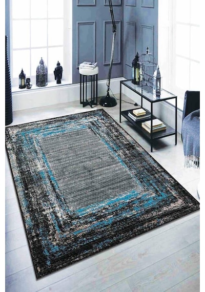 Mavi Modern Klasik Kaymaz Tabanlı Dekoratif Halı Ar123n11