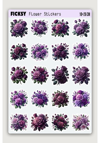 Mor Gül Çiçek Sticker Seti - 20 Adet Etiket Çıkartma Diğer