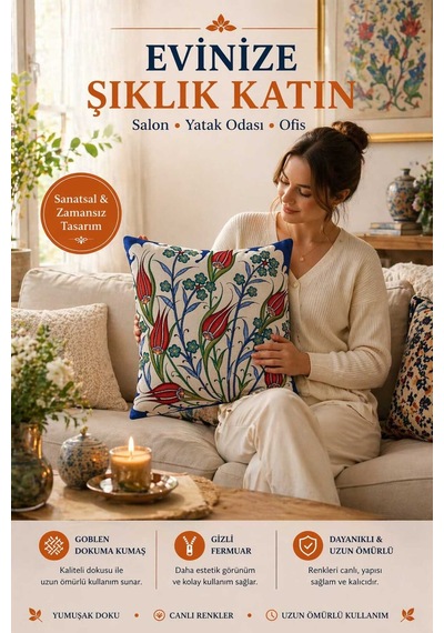 Goblen Kırmızı Lale Dokuma Kırlent Kılıf Çok Renkli