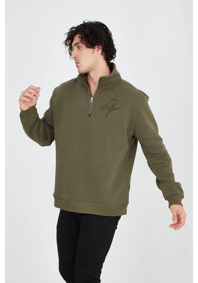 Erkek Yarım Fermuarlı Baskılı 3 İplik Pamuklu Sweatshirt - Yeşil YESIL