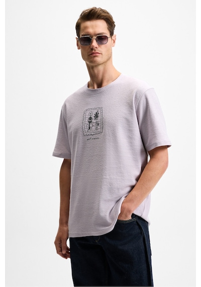 Grimelange DAPPERLY Erkek Ön Baskı Ve Nakış Detaylı Organik Pamuk Bisiklet Yaka Regular Fit Lila T-Shirt