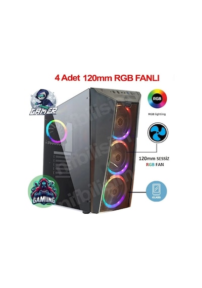 Nif Bilişim 4 Adet Rgb Işıklı Fanlı Oyuncu Gamer Bilgisayar Kasası Temper Camlı Psu Hariç
