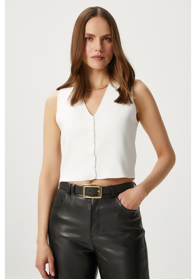 Ritnice Kadın Petite Çıtçıtlı Crop Krem Triko Yelek Krem