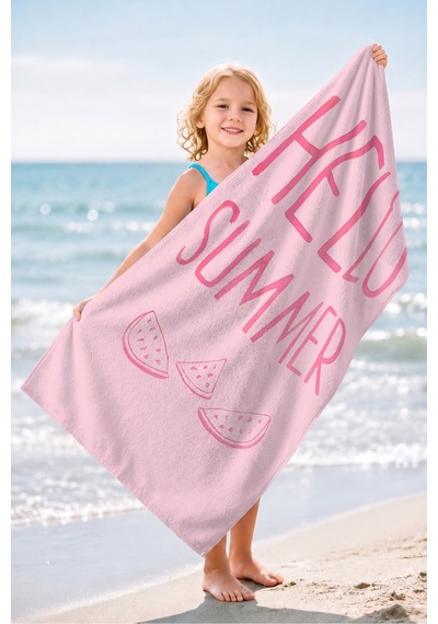 Hello Summer Yazılı Karpuz Temalı Pembe Plaj Havlusu - Tropikal Modern Pastel Banyo Sahil Örtüsü Çok Renkli