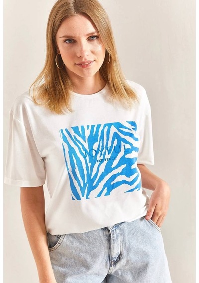 Baskılı Basic Bisiklet Yaka Örme T-shirt Önü Mavi