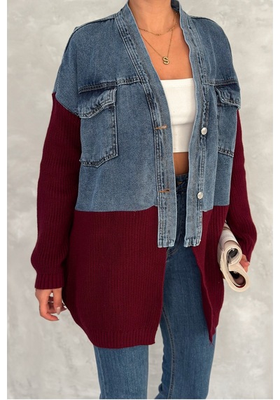Femelle Kadın Bordo Triko Detaylı Tasarım Oversize Kot Ceket