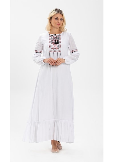 Eliş Şile Bezi Uzun Kol Şile Bezi Seher Uzun Elbise Beyaz