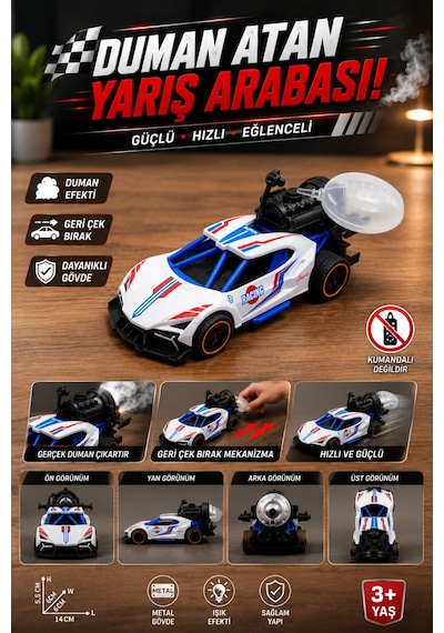 Metal Spor Araba Oyuncağı 14 Cm Çek Bırak Işıklı Ve Duman Atan Yarış Modeli Çok Renkli