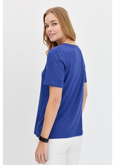 Kadın Sıfır Yaka Flamlı Kumaş Penye Tshirt İndigo Indigo