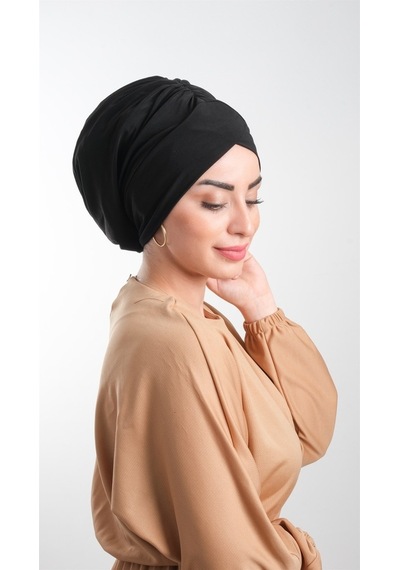 Hürrem Bone Siyah Pratik Hazır Geçmeli Tesettür Bone Sandy Kumaş Büzgülü 2114 Siyah