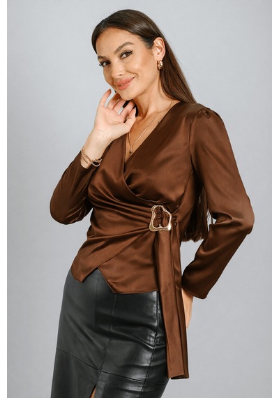 Sweetness Kadın Açık Kahverengi Likralı Saten Kruvaze Model Metal Aksesuarlı Uzun Kol Abiye Bluz Açık Kahverengi