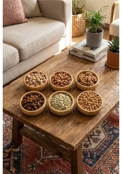 Makri Home Bambu 6'lı Çerezlik & Kuruyemiş Sunum Seti Yuvarlak Doğal Ahşap Servis Kasesi Bambu