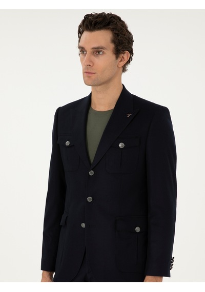 Cacharel Koyu Lacivert Slim Fit Blazer Ceket